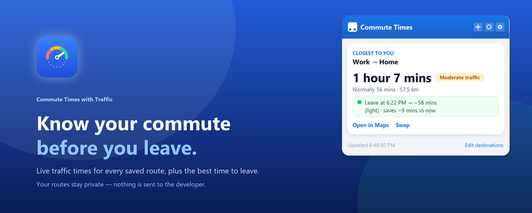 The Commute Times popup shown next to a traffic gauge