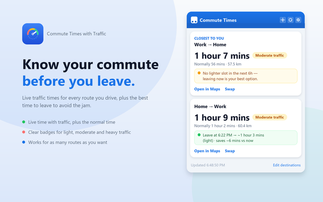 Popup showing two routes with live traffic times