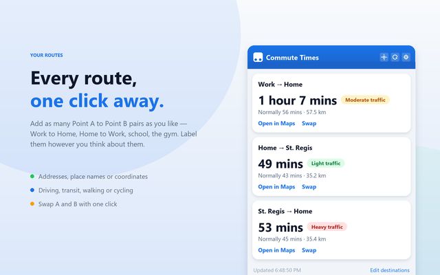 Several saved routes listed
